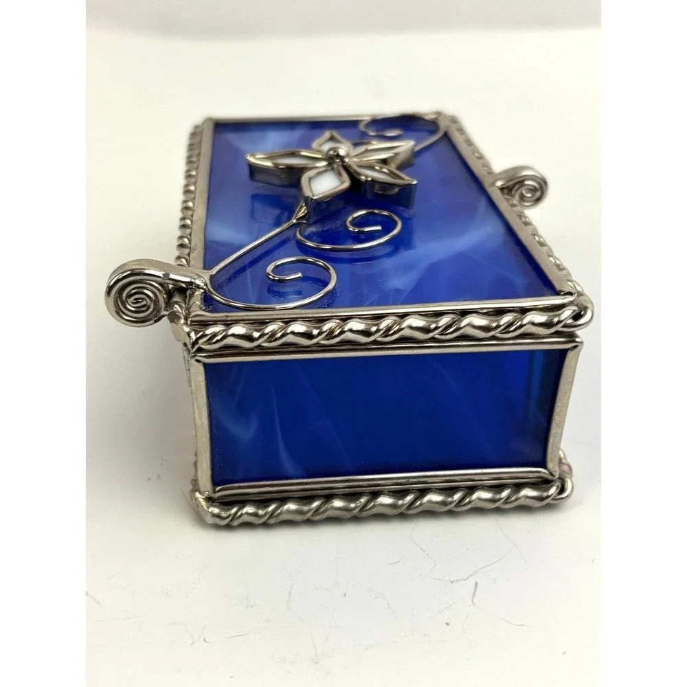 Vintage Blue Slag Glass Jewelry Trinket Box Silver Tone‎ Hinged Lid